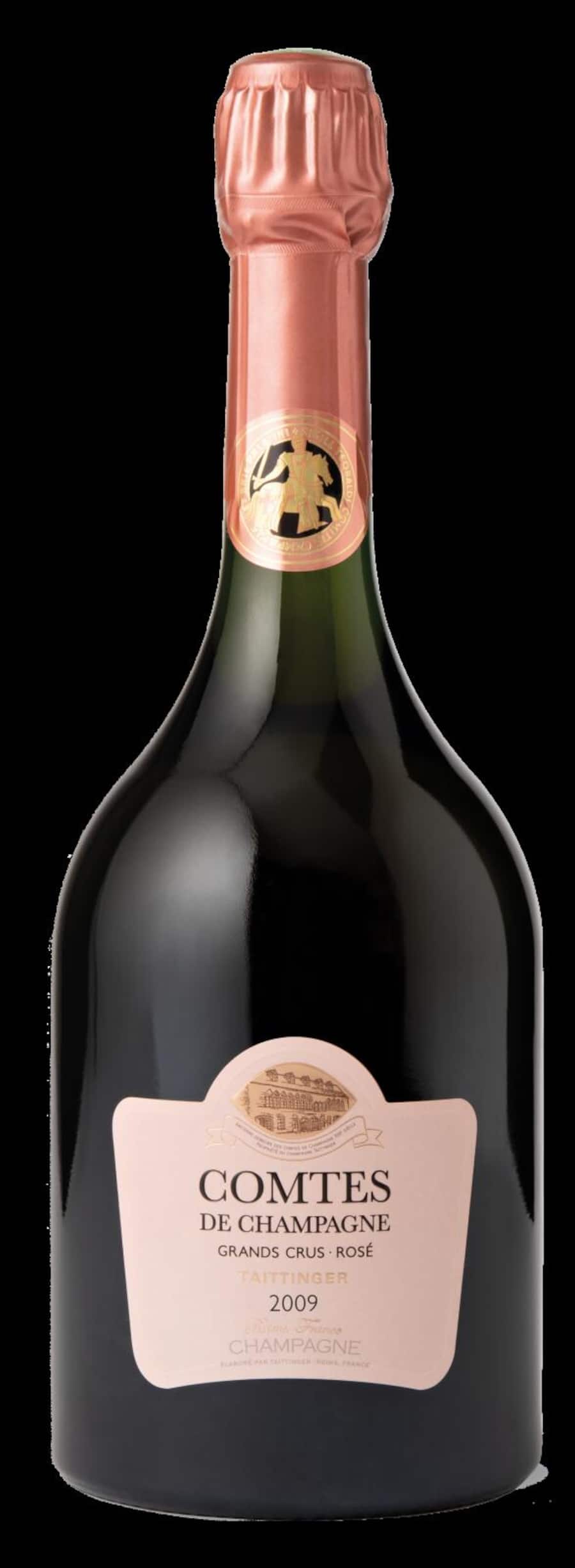 Eine Flasche Taittinger Comtes de Champagne Rosé 2009 Gevrey-Chambertin mit Bubb­les